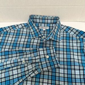 Peter Millar Summer‎ Comfort Polyester Blue Plaid Long Sleeved Size Large